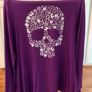 Open Cardigan, purple with floral scold design on the back. Long sleeve.